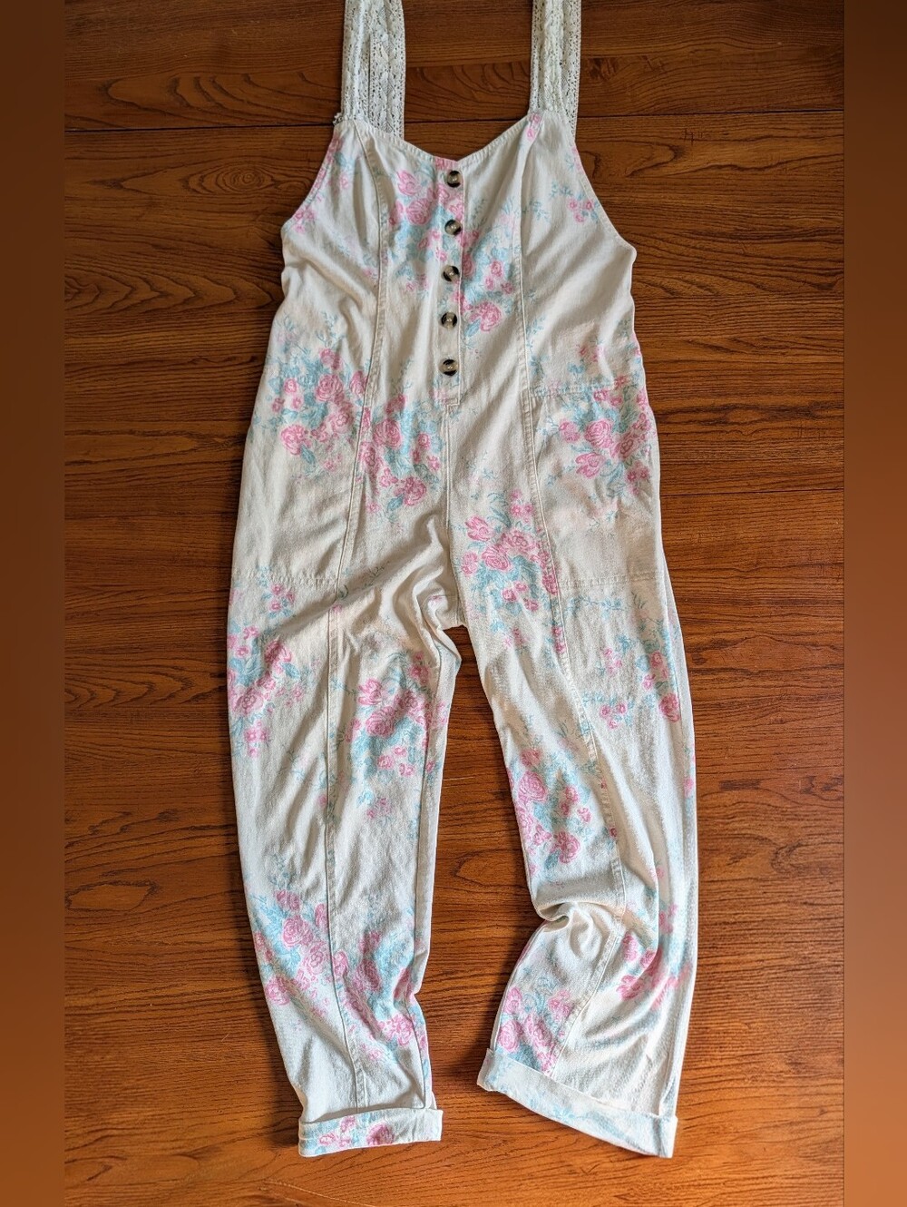Free People Bluebell Floral Bib Front Overalls Jumpsuit Cream Pink Size S/P Boho